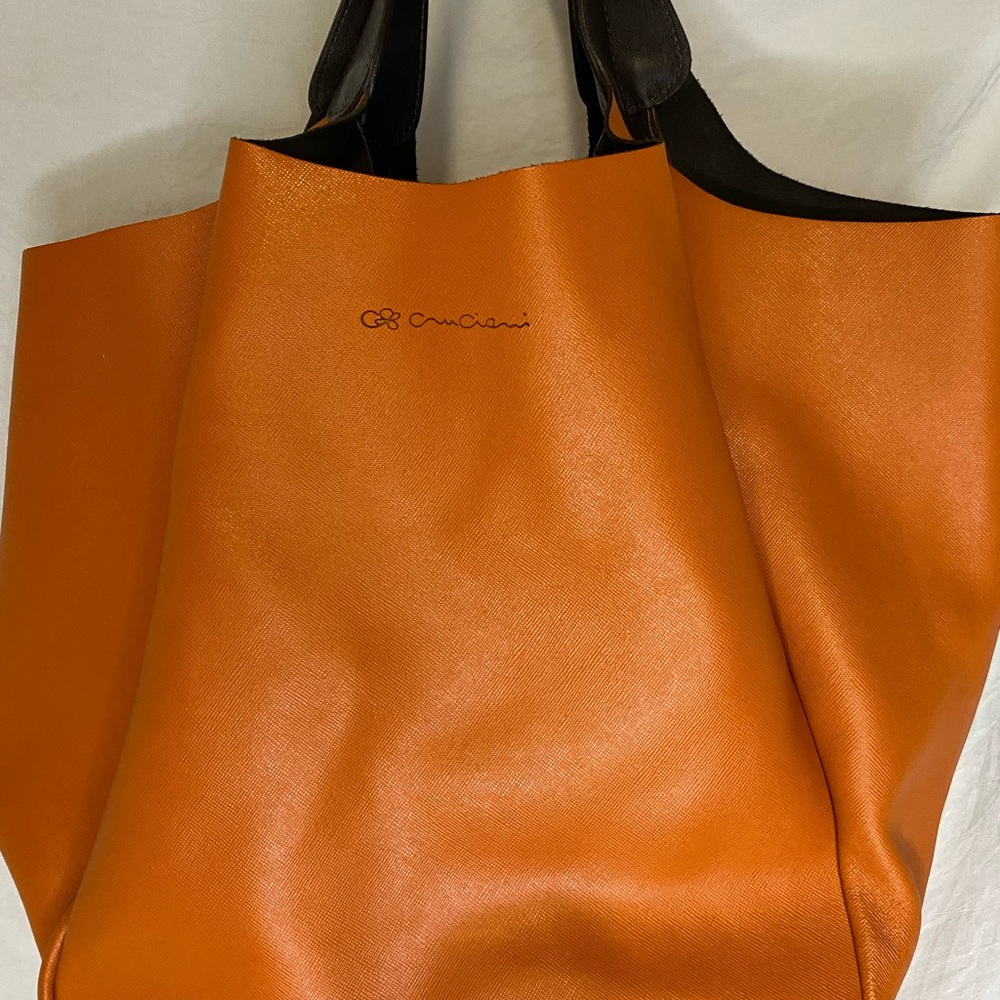 Cruciani Calfskin Milano City Bucket Bag Tote Pumpkin Orange Luxury Suede Lining